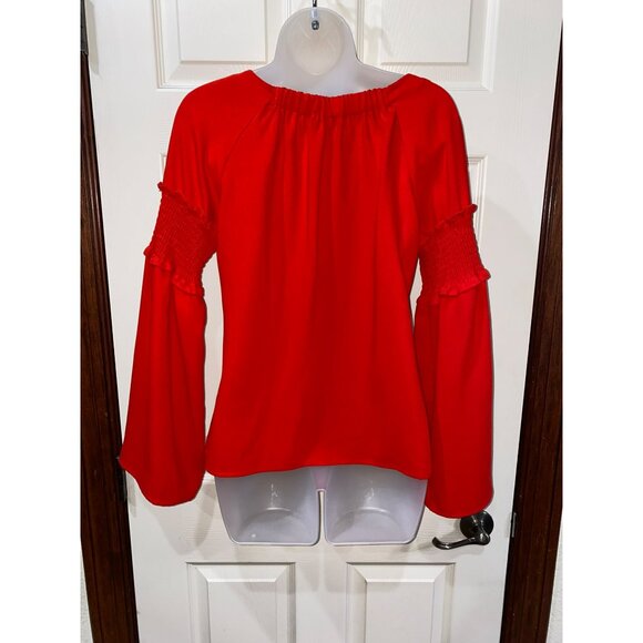 Amaryllis Red Long Bell Sleeve Smocked Blouse By Amaryllis  Size Small - Picture 2 of 8